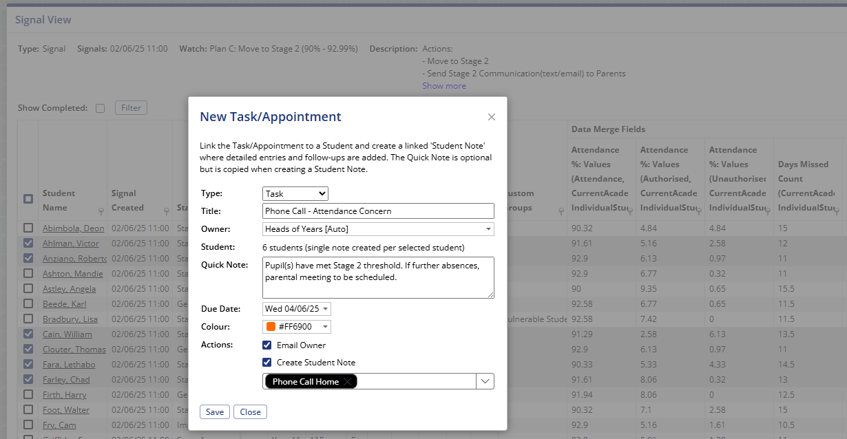 Quickly task colleagues, teams, Heads of Year of Form Tutors with tasks such as meetings, phone calls or home visits.